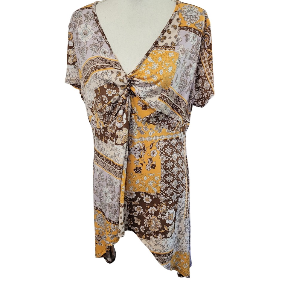 Cato Womens Blouse XL Yellow Brown Floral Patchwork V-Neck Twist Front Tunic